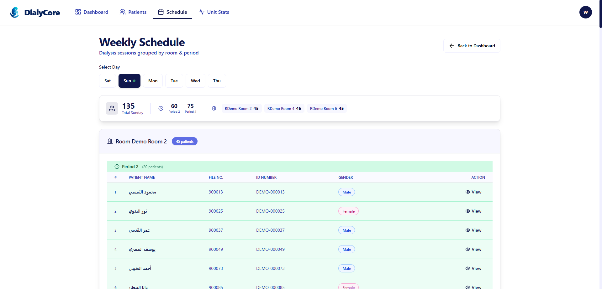 DialyCore weekly dialysis scheduling interface