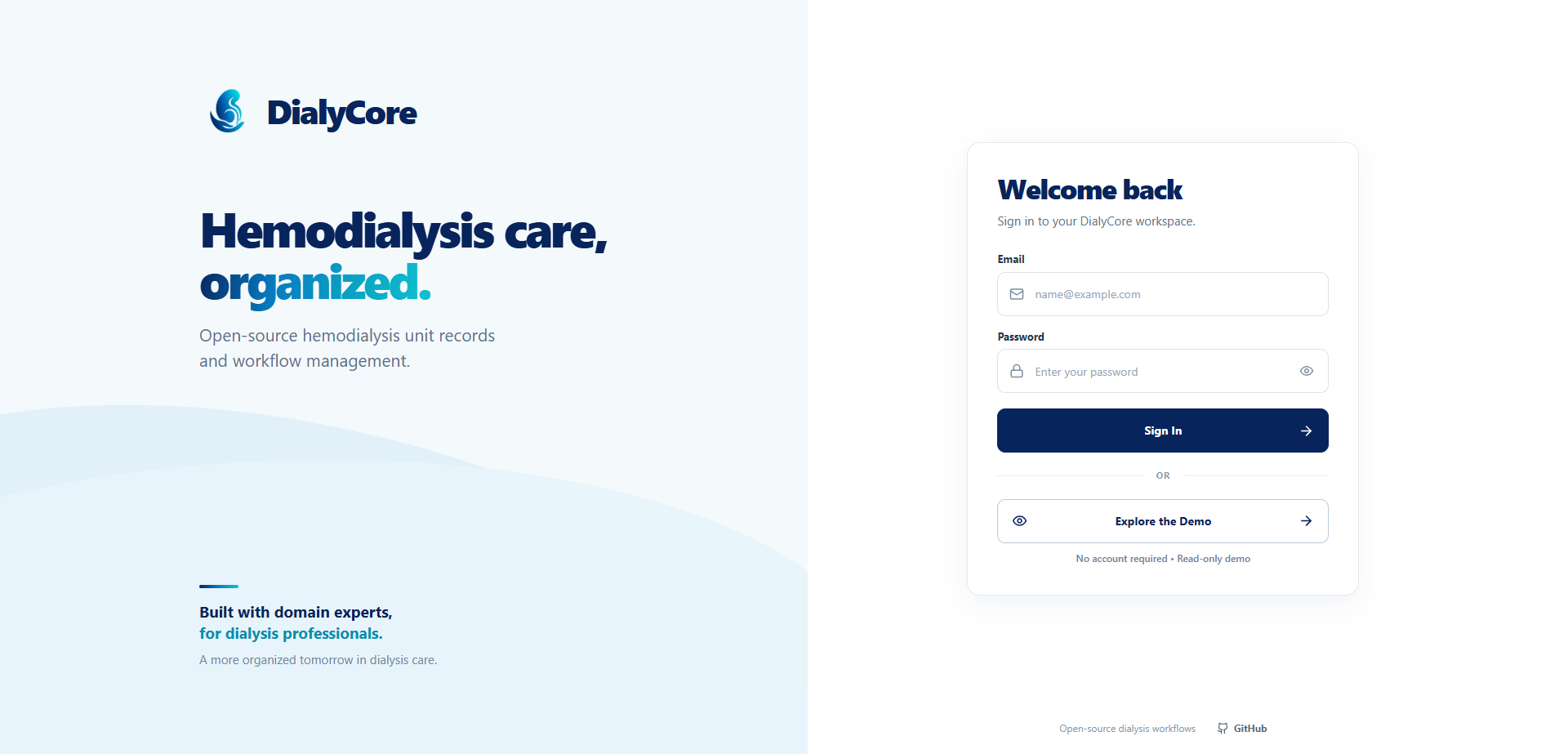 DialyCore hemodialysis unit sign-in and demo screen