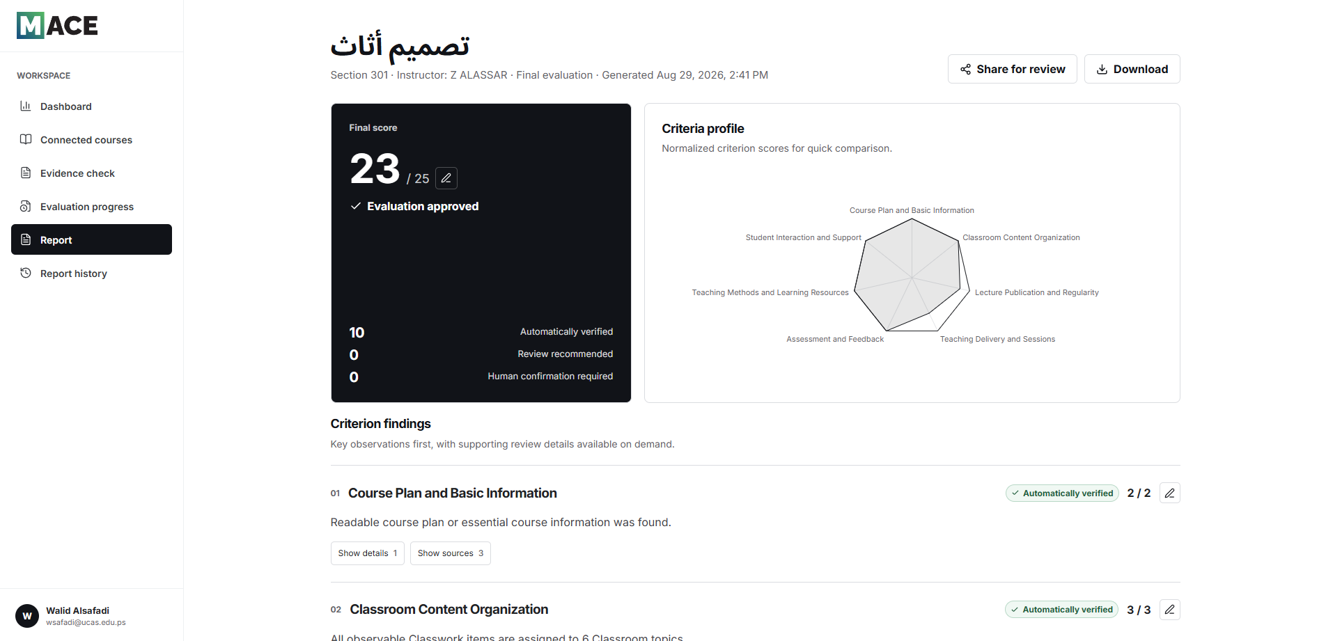 MACE approved course evaluation report with criteria profile